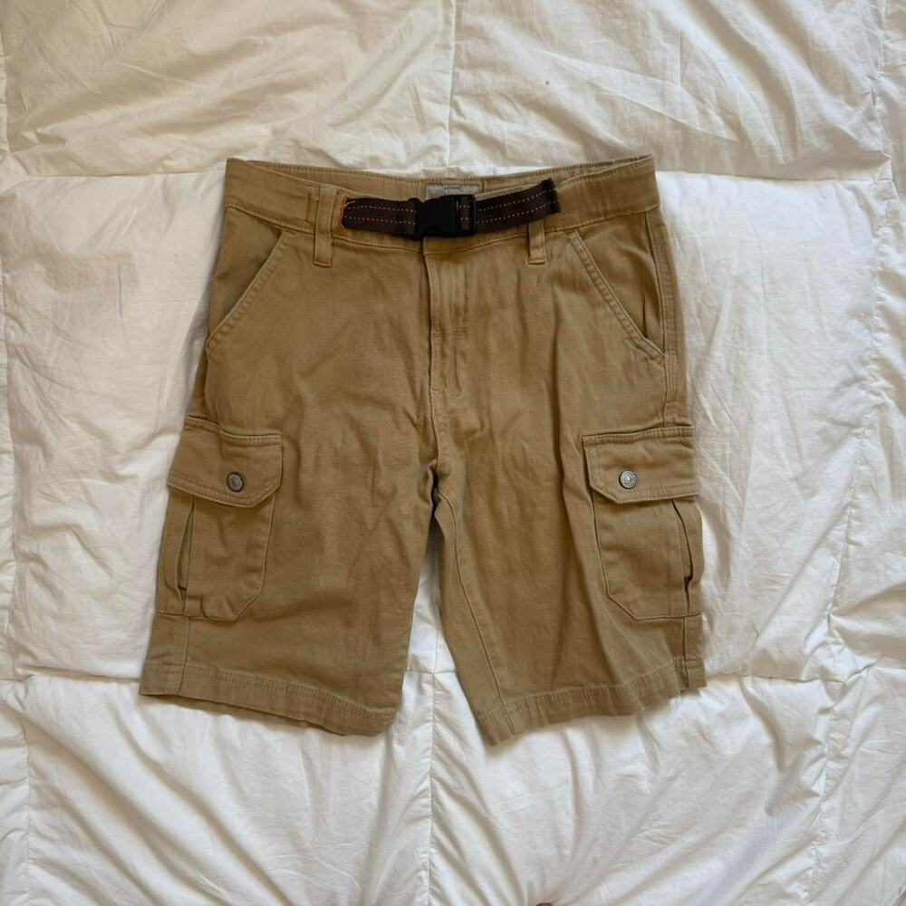 Weatherproof boys 12 Khaki tan cargo shorts buckle belted waist utility gorpcore